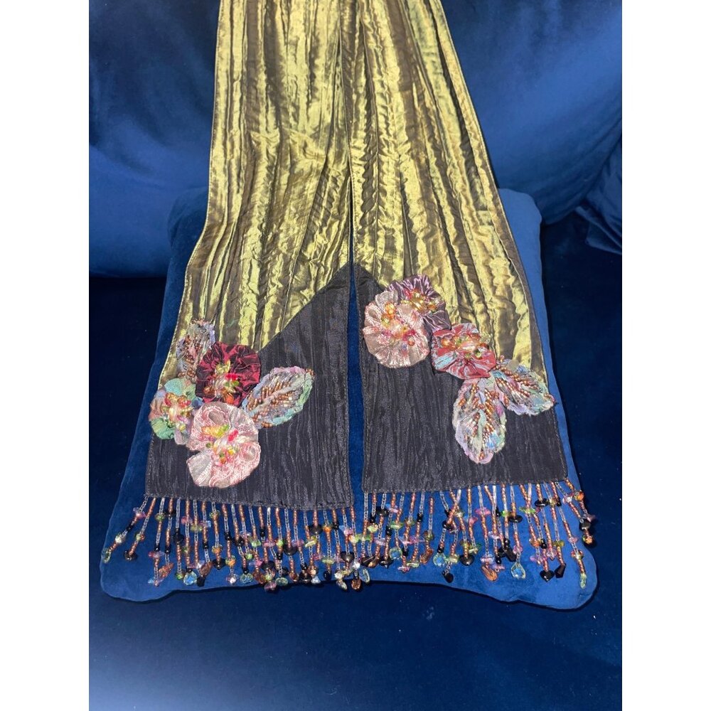 Mary Frances Beaded Silk Scarf Floral Fringe Rare Boho Statement